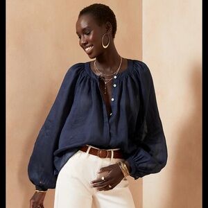 Banana Republic Navy Ramie Balloon Sleeve Blouse Button up  size large tall